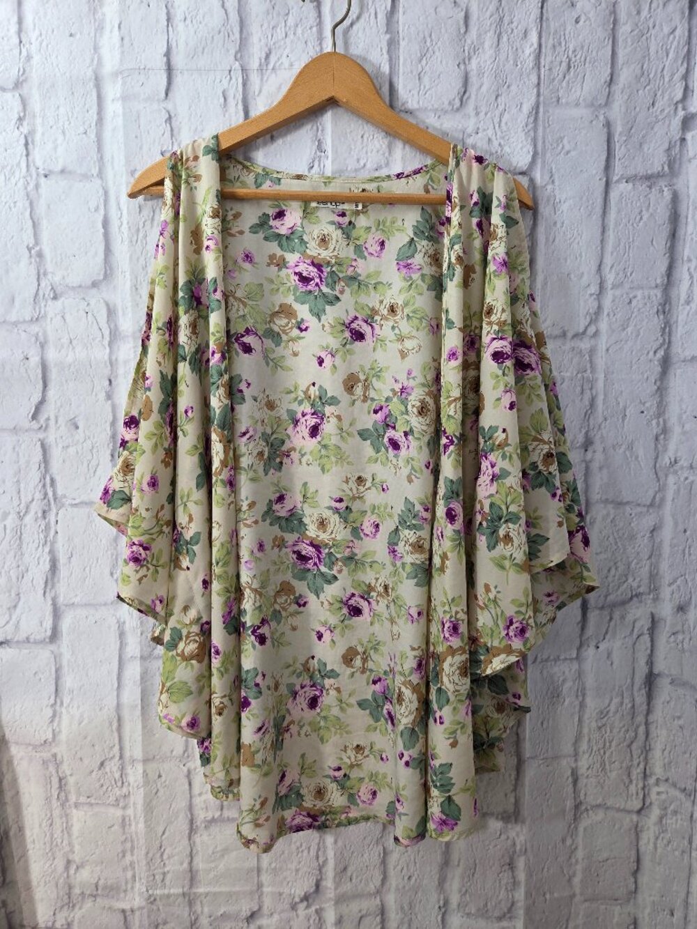 Leshop Medium Green Purple Floral Open Front Slit Arm Batwing Spring Kimono